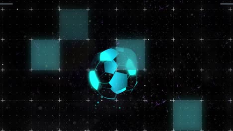 Animation-Der-Störung-Des-Digitalen-Fußballs-über-Quadraten-Auf-Schwarzem-Hintergrund
