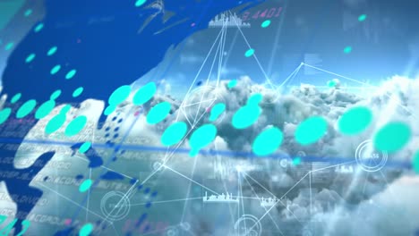 Animation-Von-Diagrammen,-Weltkarten-Und-Netzwerkverarbeitungsdaten-über-Blauem-Bewölktem-Himmel