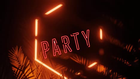 Animation-Von-Partytext-über-Neonform-Und-Blättern-Auf-Schwarzem-Hintergrund