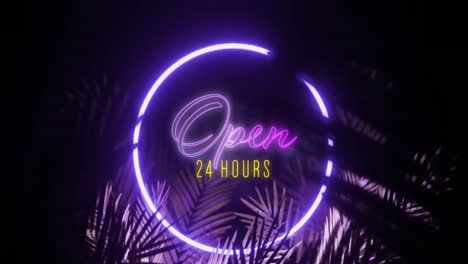 Animation-of-open-24-hours-text-over-neon-shape-and-leaves-on-black-background