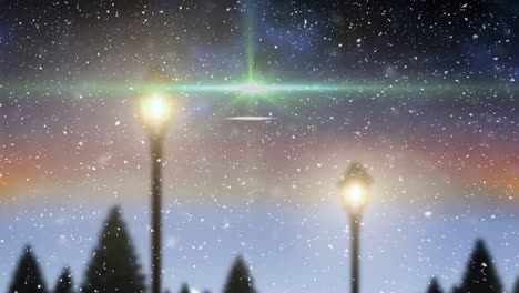 Animation-Von-Lichtspuren-Und-Schnee,-Der-Zu-Weihnachten-über-Die-Winterlandschaft-Fällt
