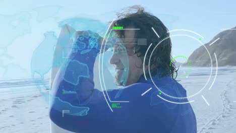 Animation-of-globe-and-scope-scanning-over-caucasian-man-holding-surfboard