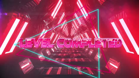 Animation-of-level-completed-text-banner-over-neon-red-glowing-tunnel-in-seamless-pattern