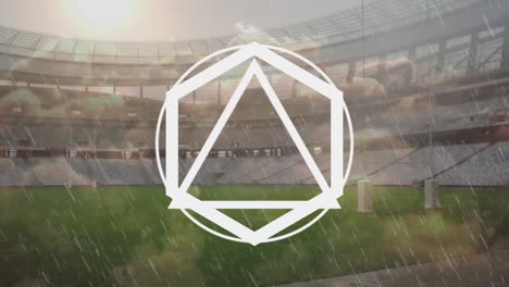Animation-of-white-shapes-and-rain-falling-over-stadium