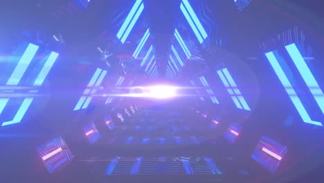 Animation-of-glowing-light-spots-and-tunnel-of-neon-blue-lights-on-dark-background