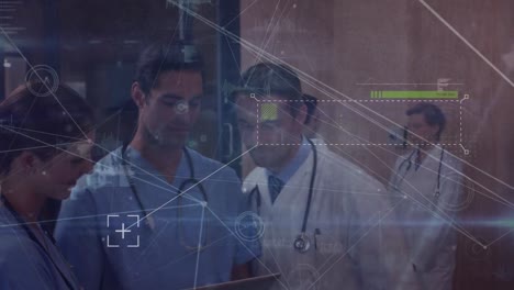 Animation-of-network-of-connections-over-team-of-medical-health-workers-using-digital-tablet