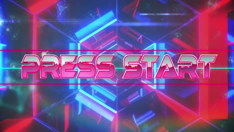 Animation-of-press-start-text-banner-over-neon-red-and-blue-glowing-tunnel-in-seamless-pattern