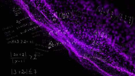 Animation-of-mathematical-equations-and-spots-over-black-background