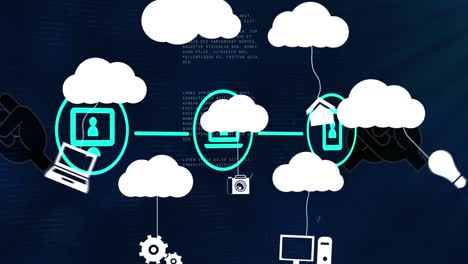 Animation-Von-Symbolen,-Die-An-Wolken-Hängen,-Programmiersprache-Mit-Digitalen-Fäusten-Auf-Blauem-Hintergrund