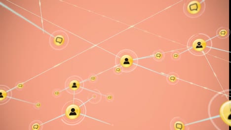 Animation-of-network-of-connections-with-icons-over-pink-background