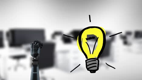 Animation-of-robotic-hand-and-light-bulb-over-blurred-background