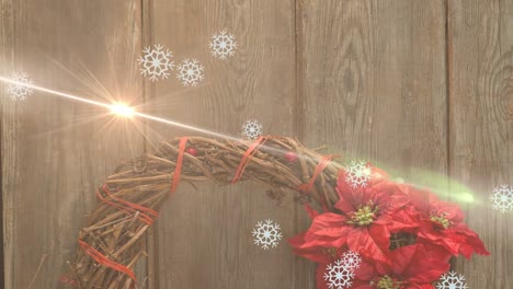 Animation-Von-Lichtspuren-Und-Schneeflocken-über-Dekorationen-Zu-Weihnachten