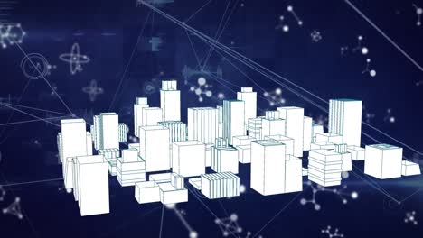 Animation-Eines-Netzwerks-Von-Verbindungen-Und-Molekülen-über-Einer-Digitalen-Stadt-Auf-Blauem-Hintergrund