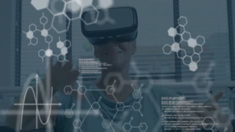 Animation-of-data-processing-over-caucasian-businesswoman-using-vr-headset-in-office