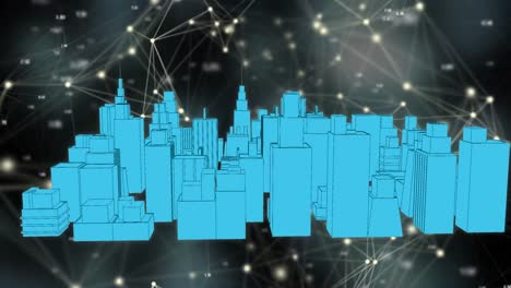Animation-Des-Verbindungsnetzwerks-über-Der-Digitalen-Stadt-Auf-Schwarzem-Hintergrund