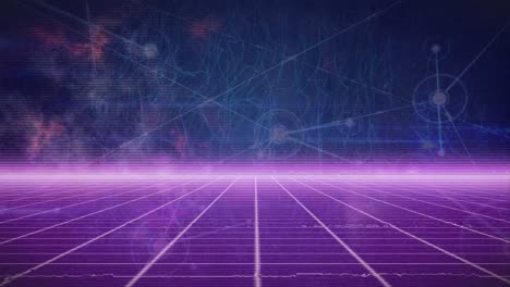 Animation-of-network-of-connections-and-glowing-digital-waves-against-purple-grid-network