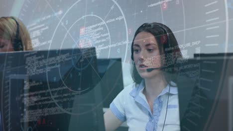Animation-of-data-processing-over-caucasian-woman-talking-on-phone-headset-at-office