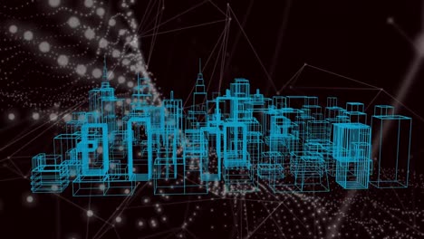 Animation-of-blue-modern-skyscrapers-rotating-against-wave-patterns-and-connecting-dots