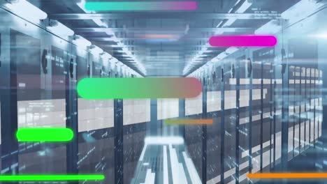 Animation-of-colorful-light-trails-against-data-processing-over-computer-server-room