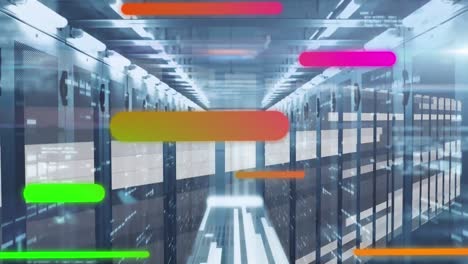 Animation-of-colorful-light-trails-against-data-processing-and-mosaic-squares-over-server-room