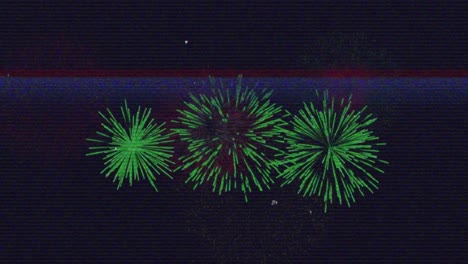 Animation-Des-Glitch-Effekts-über-Buntem-Feuerwerk,-Das-Vor-Schwarzem-Hintergrund-Explodiert