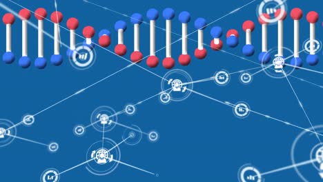 Animation-Der-DNA-Struktur,-Die-Sich-über-Ein-Netzwerk-Digitaler-Symbole-Vor-Blauem-Hintergrund-Dreht