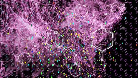 Animation-of-confetti-and-light-trails-over-chemical-formula-on-black-background