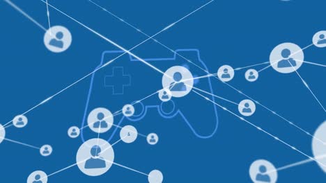 Animation-of-network-of-profile-icons-over-video-game-controller-icon-against-blue-background