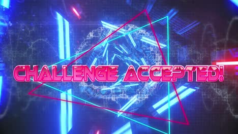 Animation-of-challenge-accepted-text-banner-over-neon-blue-glowing-tunnel-in-seamless-pattern
