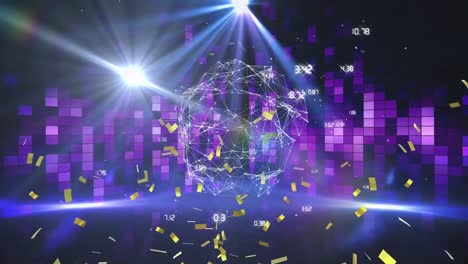 Animation-of-network-of-connections-and-confetti-over-moving-columns-on-black-background