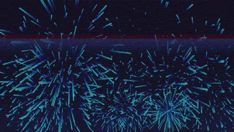 Animation-of-glitch-effect-over-colorful-fireworks-exploding-against-black-background