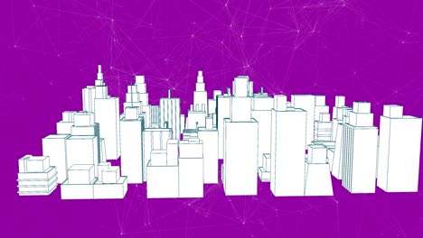 Animation-Einer-Digitalen-Stadt-über-Ein-Netzwerk-Von-Verbindungen-Auf-Violettem-Hintergrund