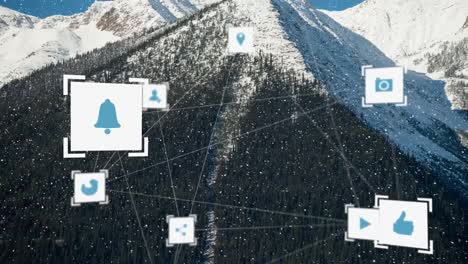 Animation-of-network-of-connections-and-snow-falling-over-mountains