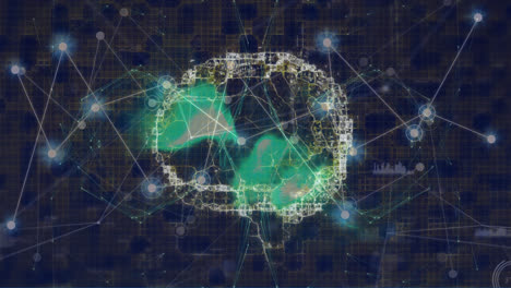 Animation-Eines-Netzwerks-Von-Verbindungen-über-Einem-Sich-Drehenden-Menschlichen-Gehirn-Vor-Blauem-Hintergrund
