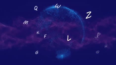 Animation-of-letters-over-globe-on-blue-background