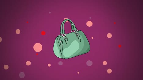 Animation-of-green-handbag-over-colorful-spots-on-purple-background