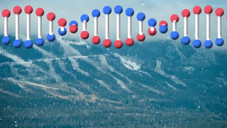Animation-Von-DNA-Strang-Und-Schnee,-Der-über-Berge-Fällt