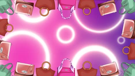 Animation-Von-Handtaschen-über-Leuchtenden-Kreisen-Auf-Violettem-Hintergrund