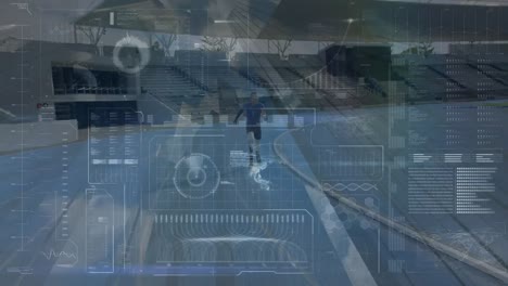 Animation-of-interface-with-data-processing-over-man-with-prosthetic-legs-running-on-sports-field