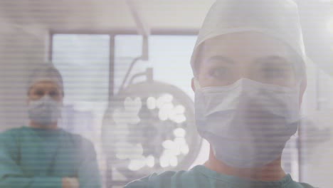 Animation-of-people-walking-over-diverse-surgeons-wearing-face-masks