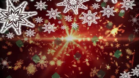 Animation-of-illuminated-light-beam-and-moving-snowflakes-and-christmas-gift-boxes