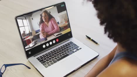 Animation-of-african-american-woman-having-video-call-on-laptop