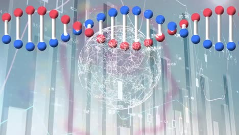 Animation-of-dna-helix-and-globe-rotating-over-moving-multiple-graphs-and-numbers