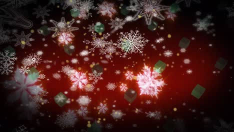 Animation-of-illuminated-snowflakes-and-christmas-gift-boxes-moving-on-brown-background