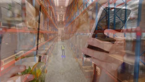 Animation-of-caucasian-woman-using-smartphone-over-caucasian-worker-in-warehouse