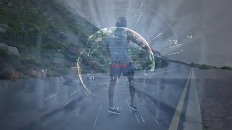 Animation-of-light-trails-over-spinning-globe-against-african-american-fit-man-running-on-the-road