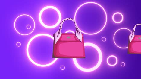 Animation-Von-Handtaschen-über-Leuchtenden-Kreisen-Auf-Violettem-Hintergrund