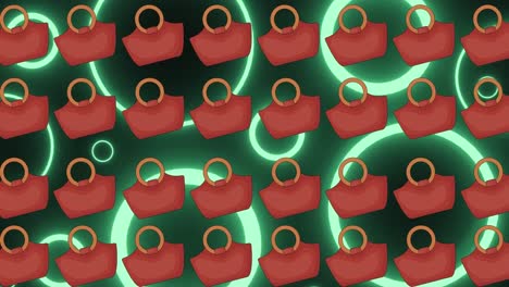 Animation-of-female-purses-over-black-background-with-neon-circles