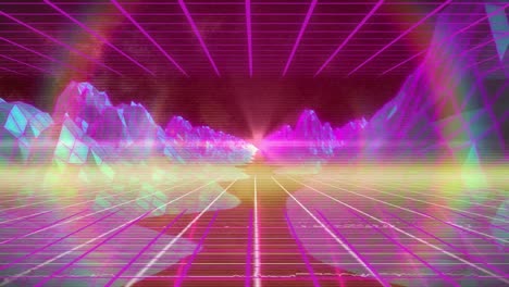 Animation-of-pink-grid-network-and-rainbow-lens-flare-over-metaverse-structures-on-red-background