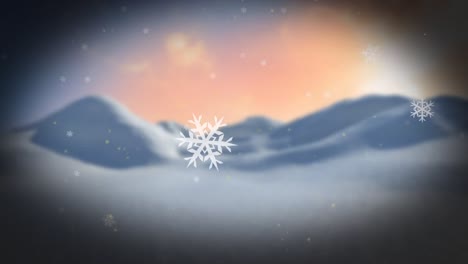 Animation-of-snowflakes-falling-over-winter-landscape-against-sunset-sky